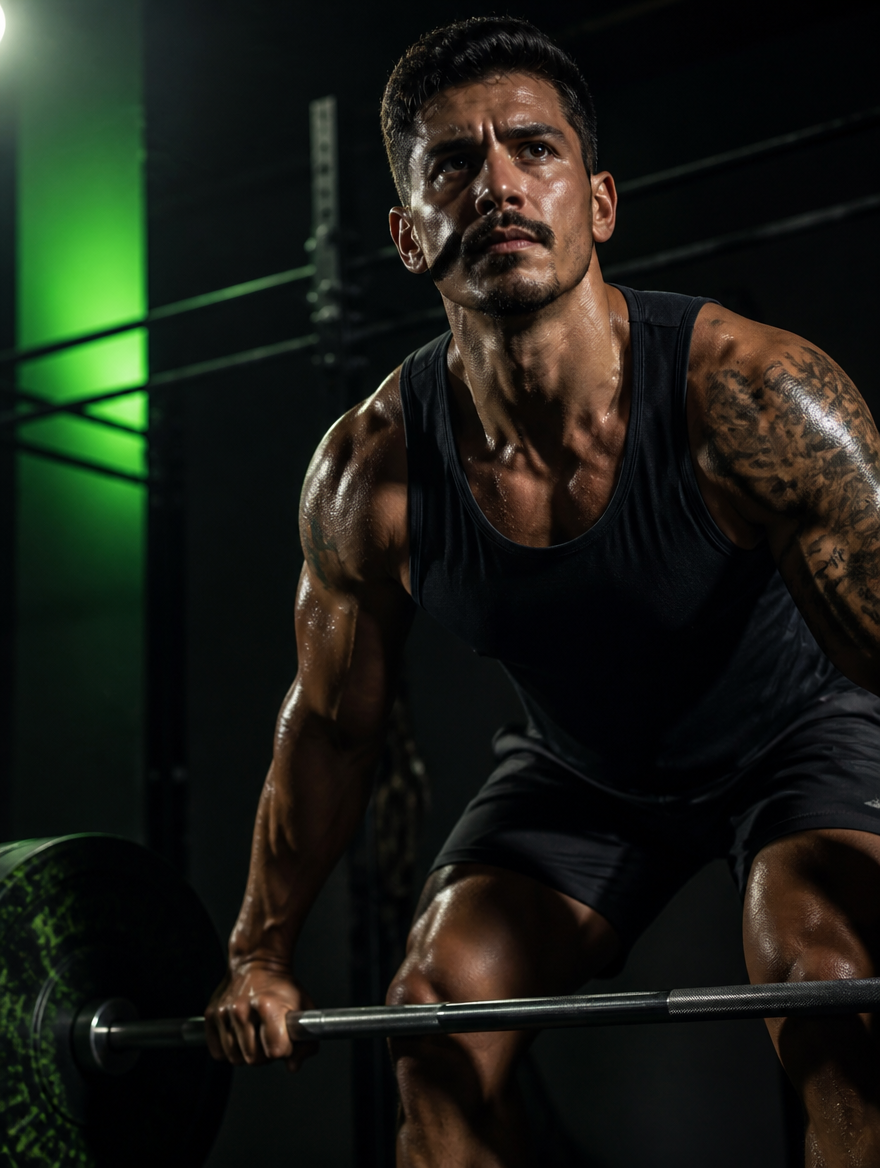 Hombre entrenando con barra en el gimnasio