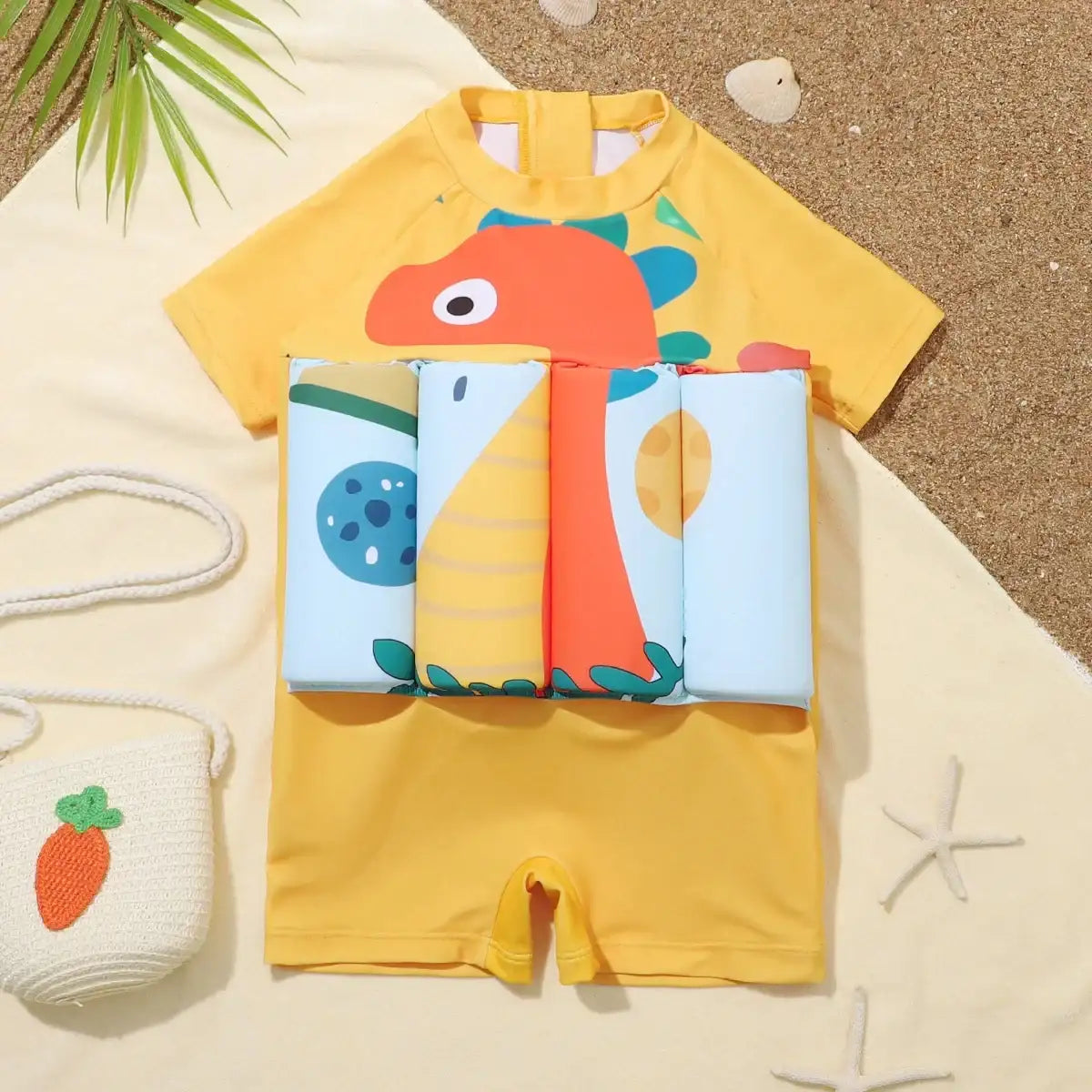 Traje de baño con flotadores dino amarillo, manga corta