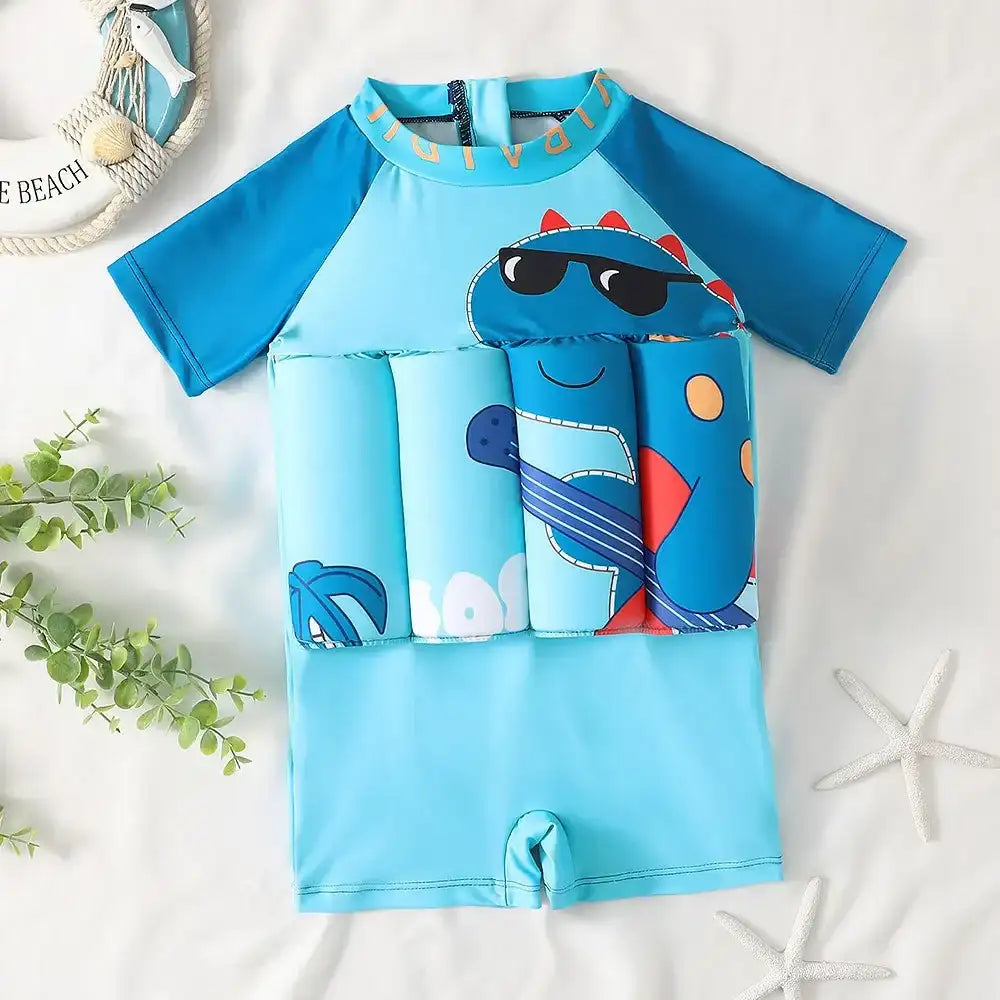 Traje de baño con flotadores dino azul, manga corta