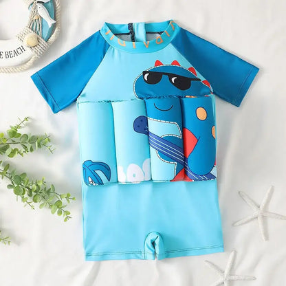 Traje de baño con flotadores dino azul, manga corta