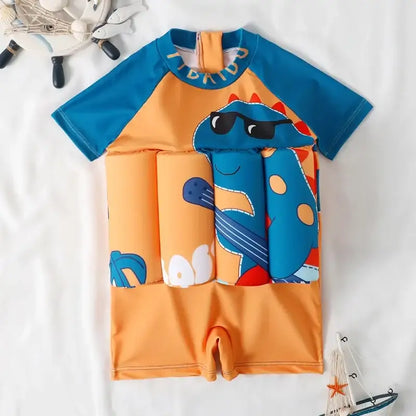 Traje de baño con flotadores dino naranja, manga corta