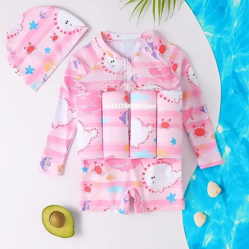 Traje de baño con flotadores rosa de manga larga con ballenas y cangrejos