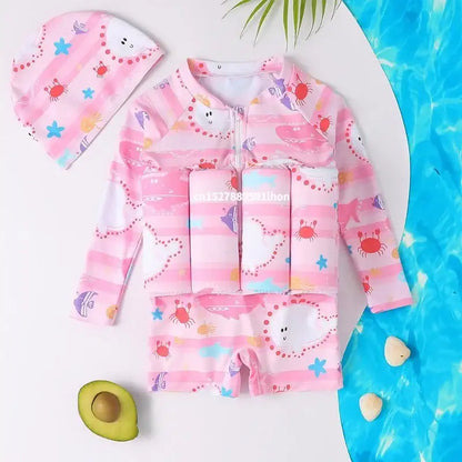 Traje de baño con flotadores rosa de manga larga con ballenas y cangrejos