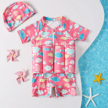 Traje de baño con flotadores peces coral, manga corta