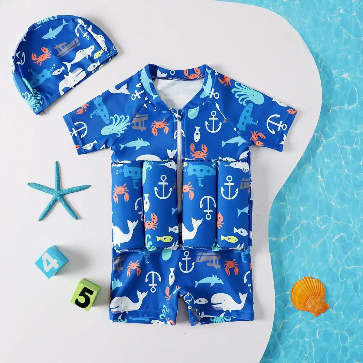 Traje de baño con flotadores océano azul, manga corta