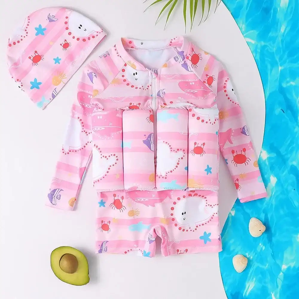 Traje de baño con flotadores ballenas rosa, manga larga