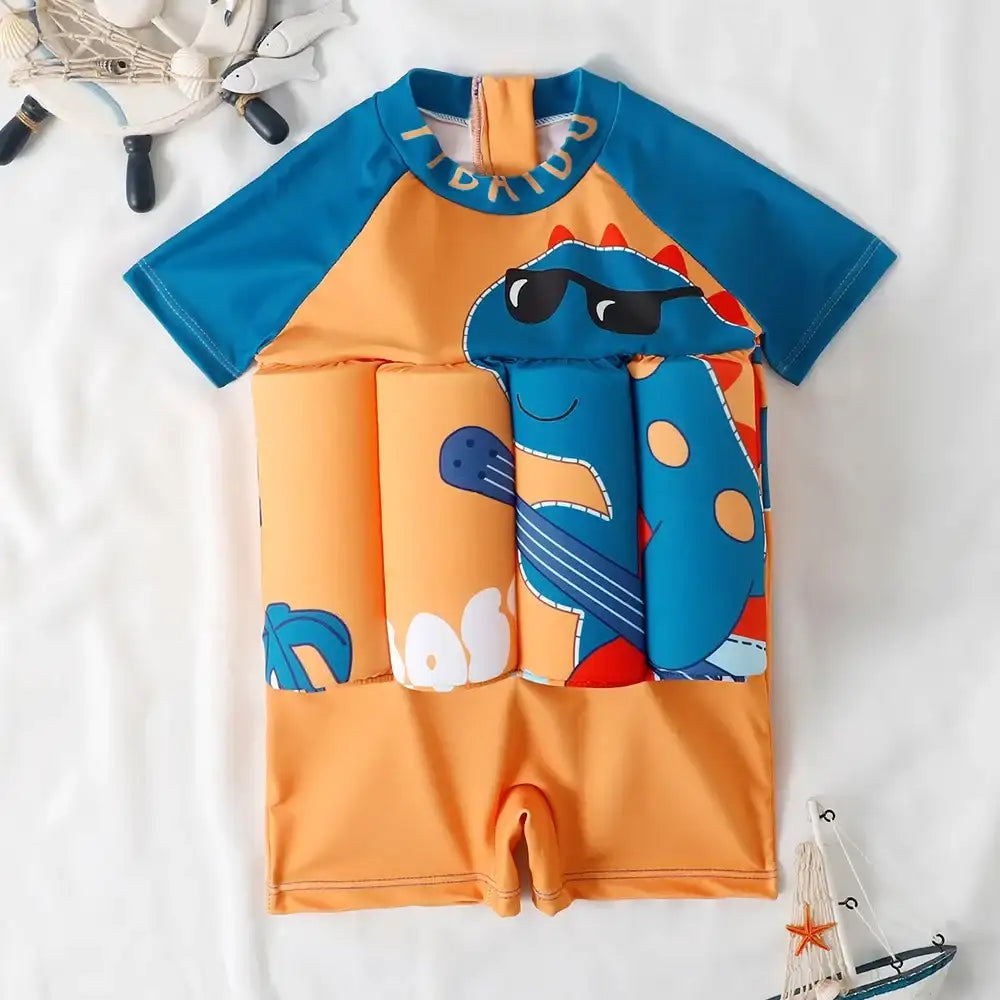 Traje de baño con flotadores dino naranja y azul, manga corta