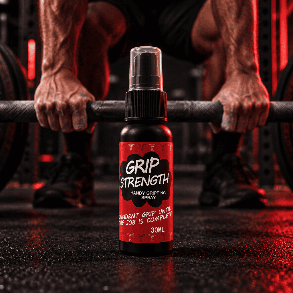 Spray Blinda Grip frente a una barra olímpica en un gimnasio oscuro