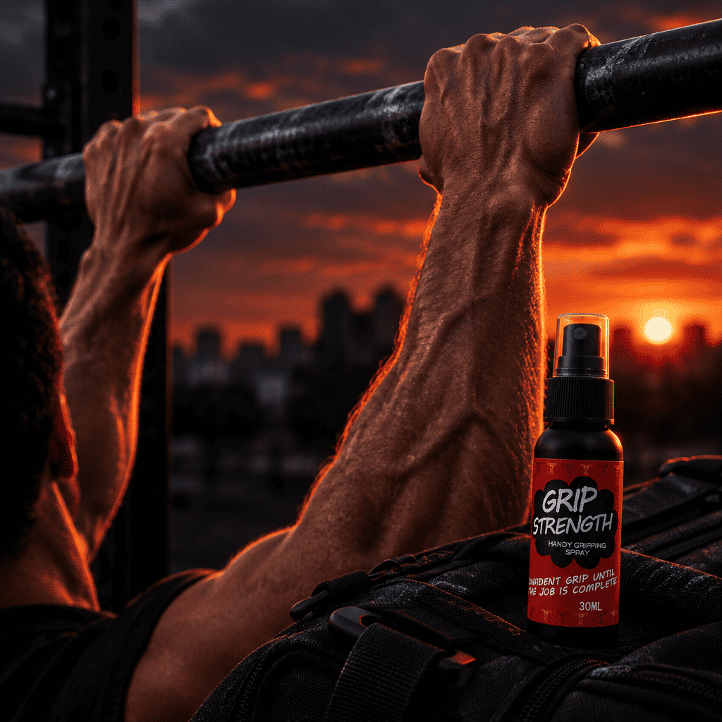 Manos firmes en una barra de dominadas al atardecer con el spray Blinda Grip