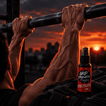 Manos firmes en una barra de dominadas al atardecer con el spray Blinda Grip