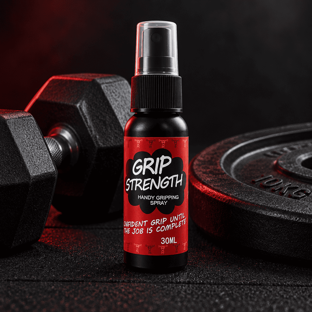 Spray Blinda Grip junto a mancuerna sobre piso limpio, sin talco