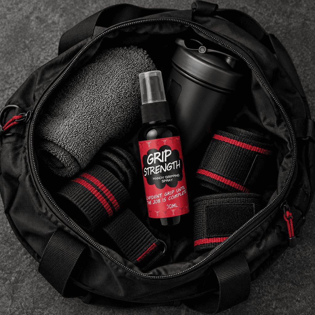 Spray Blinda Grip dentro de un bolso de gimnasio junto a toalla y shaker