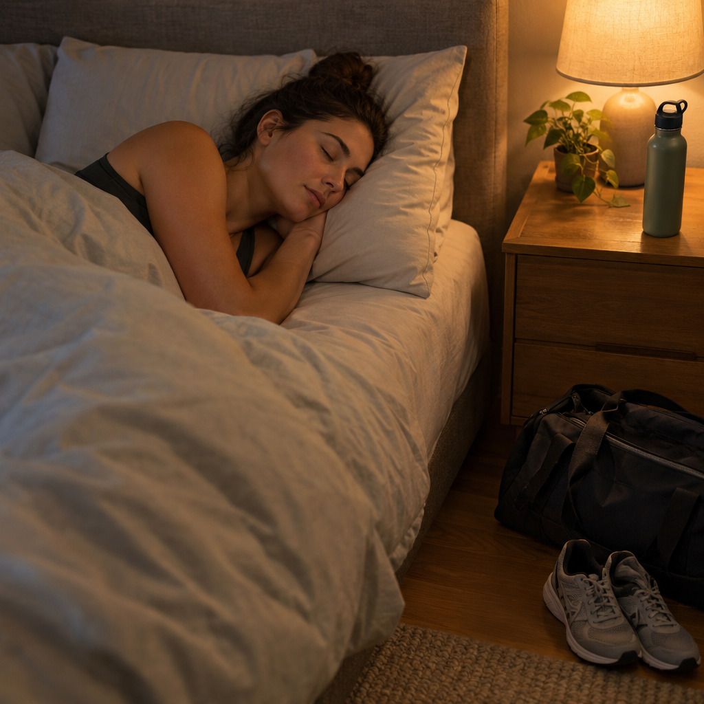 Mujer deportista durmiendo tranquila con bolso de gimnasio y zapatillas junto a la cama