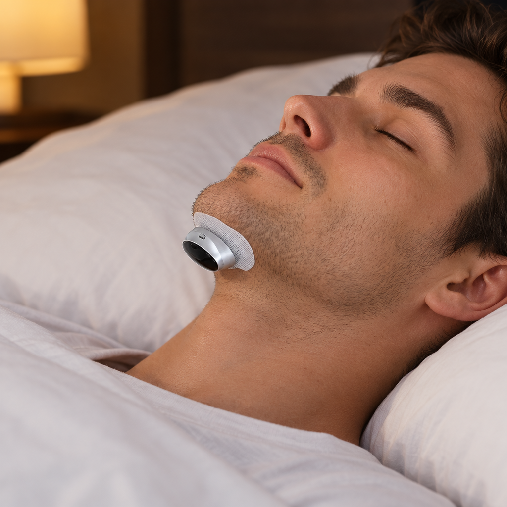 Hombre durmiendo con BlindaAir y su parche bajo el mentón