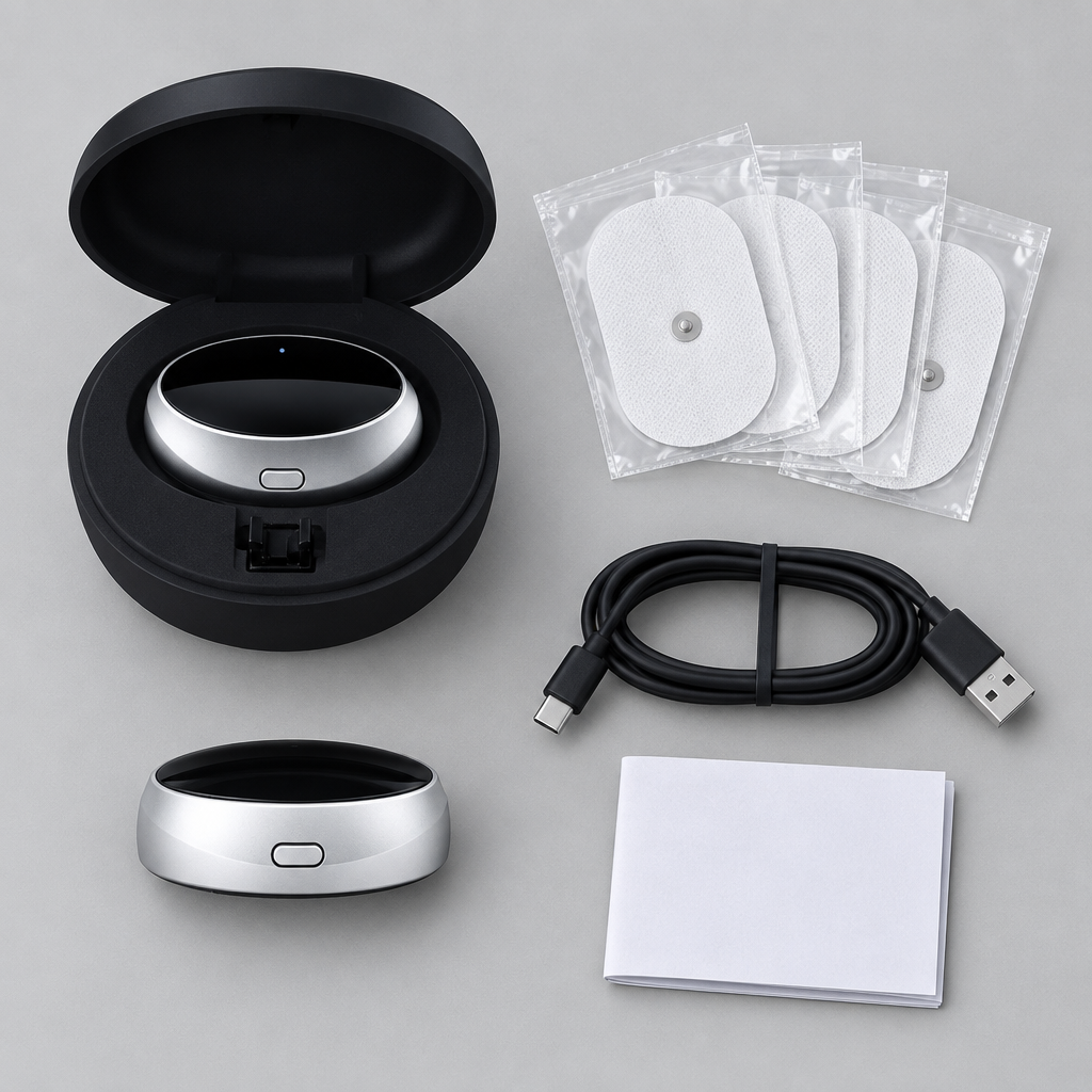 BlindaAir con su estuche de carga, parches electrodo, cable Type-C y manual
