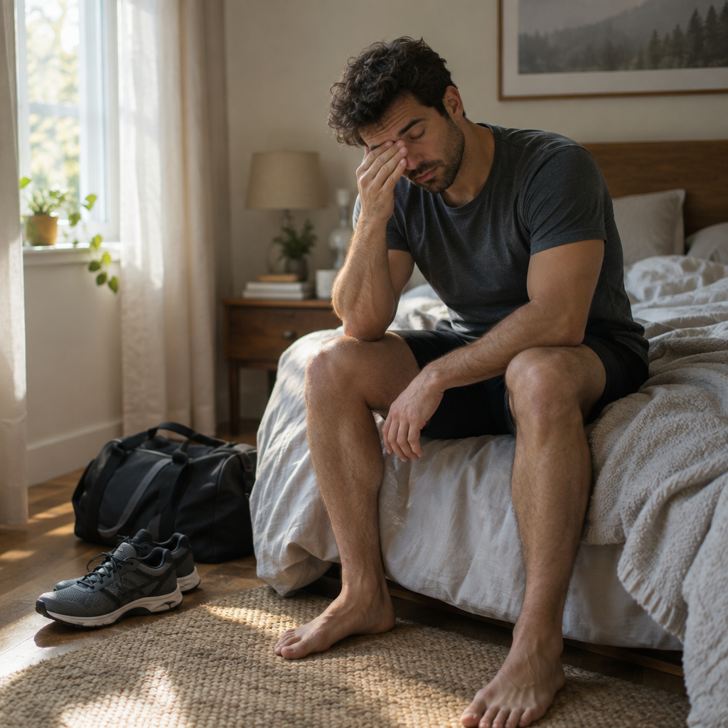 Hombre sentado en la cama por la mañana, cansado, con bolso de gimnasio y zapatillas al lado