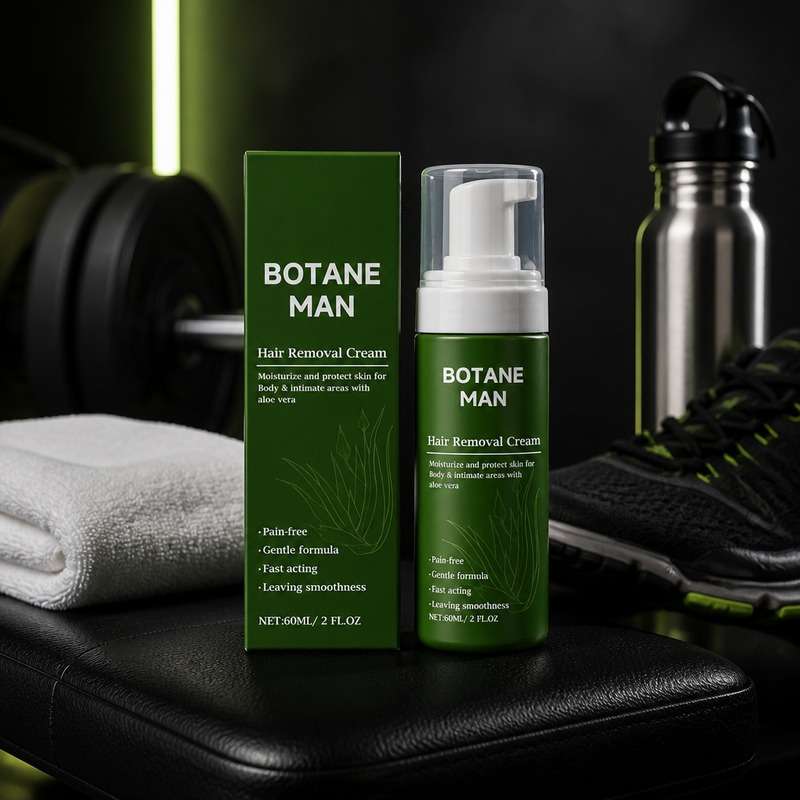 Botane Man espuma depilatoria sobre una banca de gimnasio