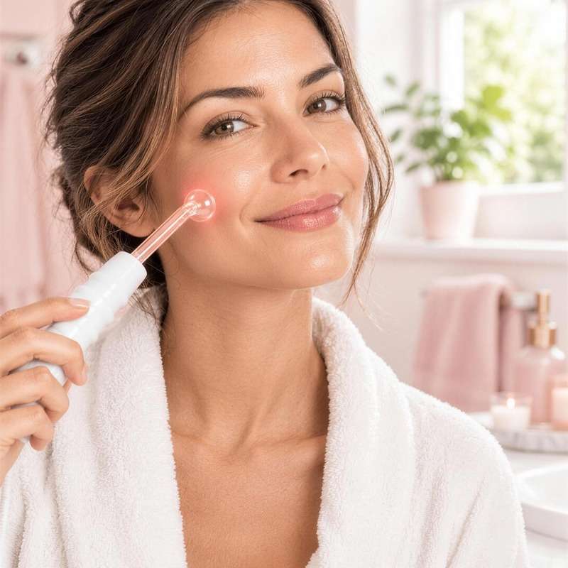 Mujer usando el electrodo hongo de BeautyPro 2.0 Clear