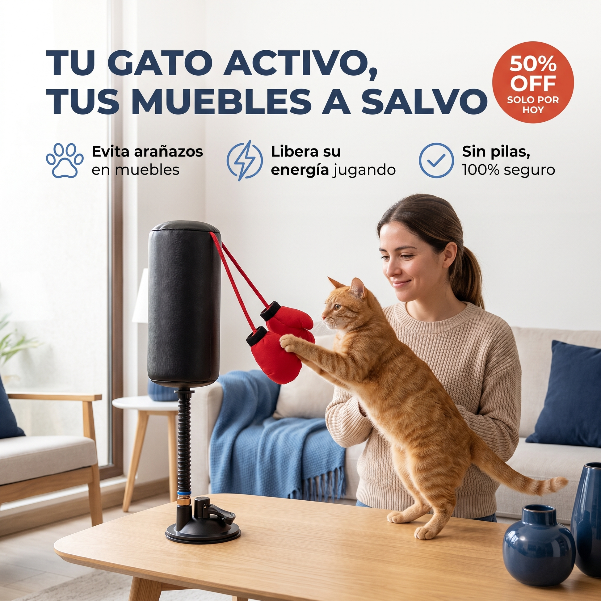 Gato PowerBox - dueña y gato jugando, evita arañazos y libera energía