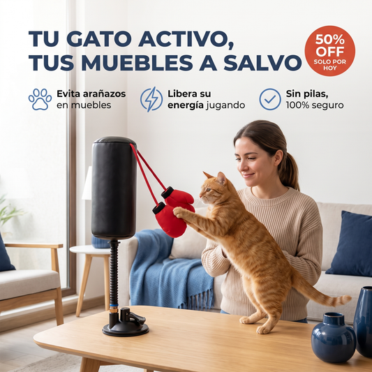 Gato PowerBox - dueña y gato jugando, evita arañazos y libera energía