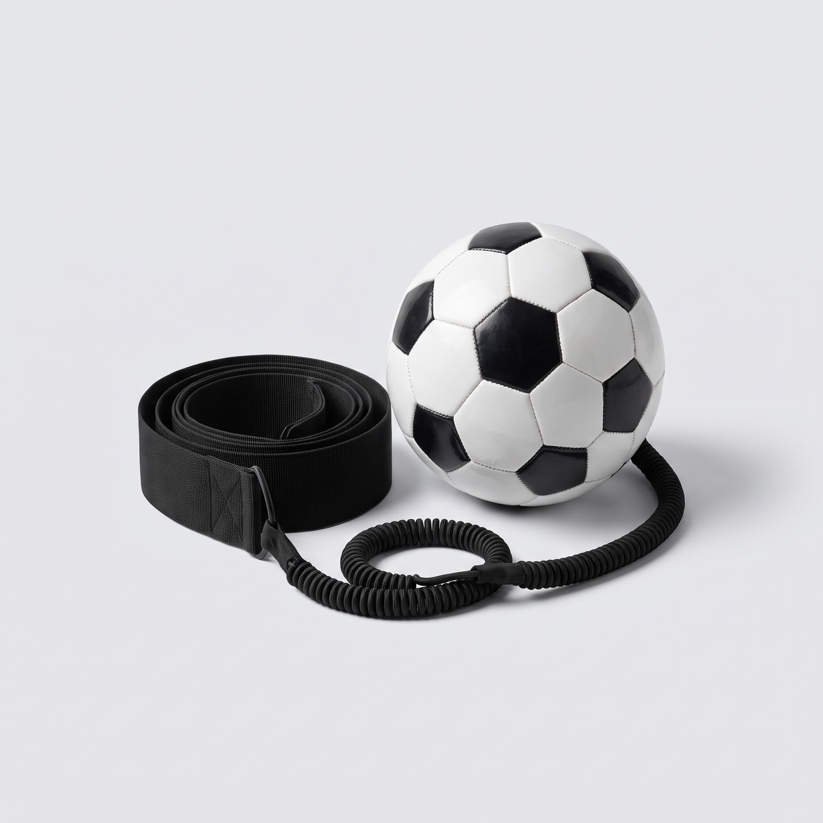 Entrenador de tiro de fútbol Blinda Kick Trainer Pro con cinturón y balón sobre fondo blanco