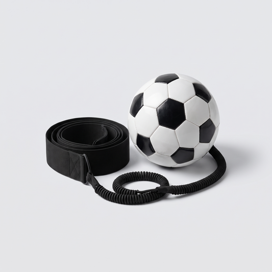 Entrenador de tiro de fútbol Blinda Kick Trainer Pro con cinturón y balón sobre fondo blanco
