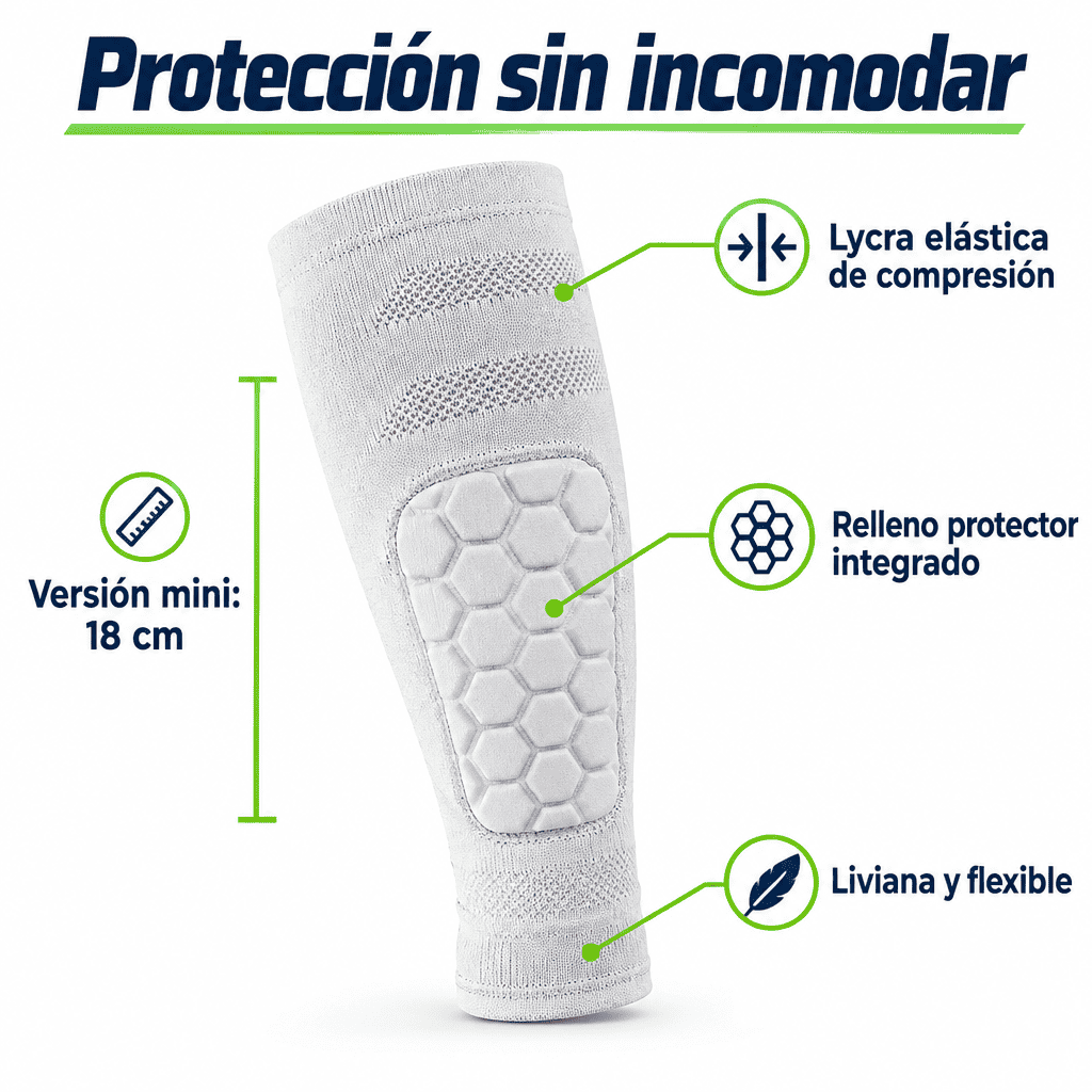 Características de la canillera Mini Blinda Pro: lycra de compresión y relleno protector integrado