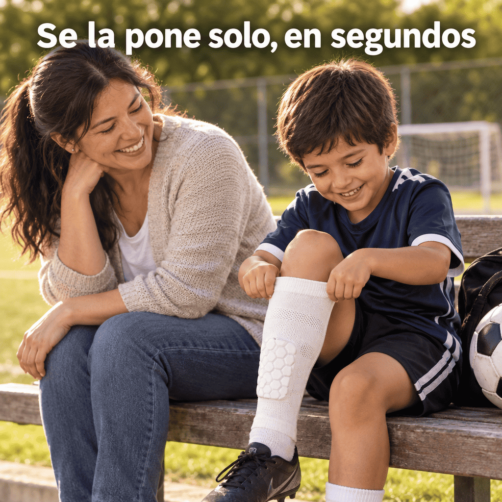 Niño poniéndose solo la canillera Mini Blinda Pro junto a su mamá