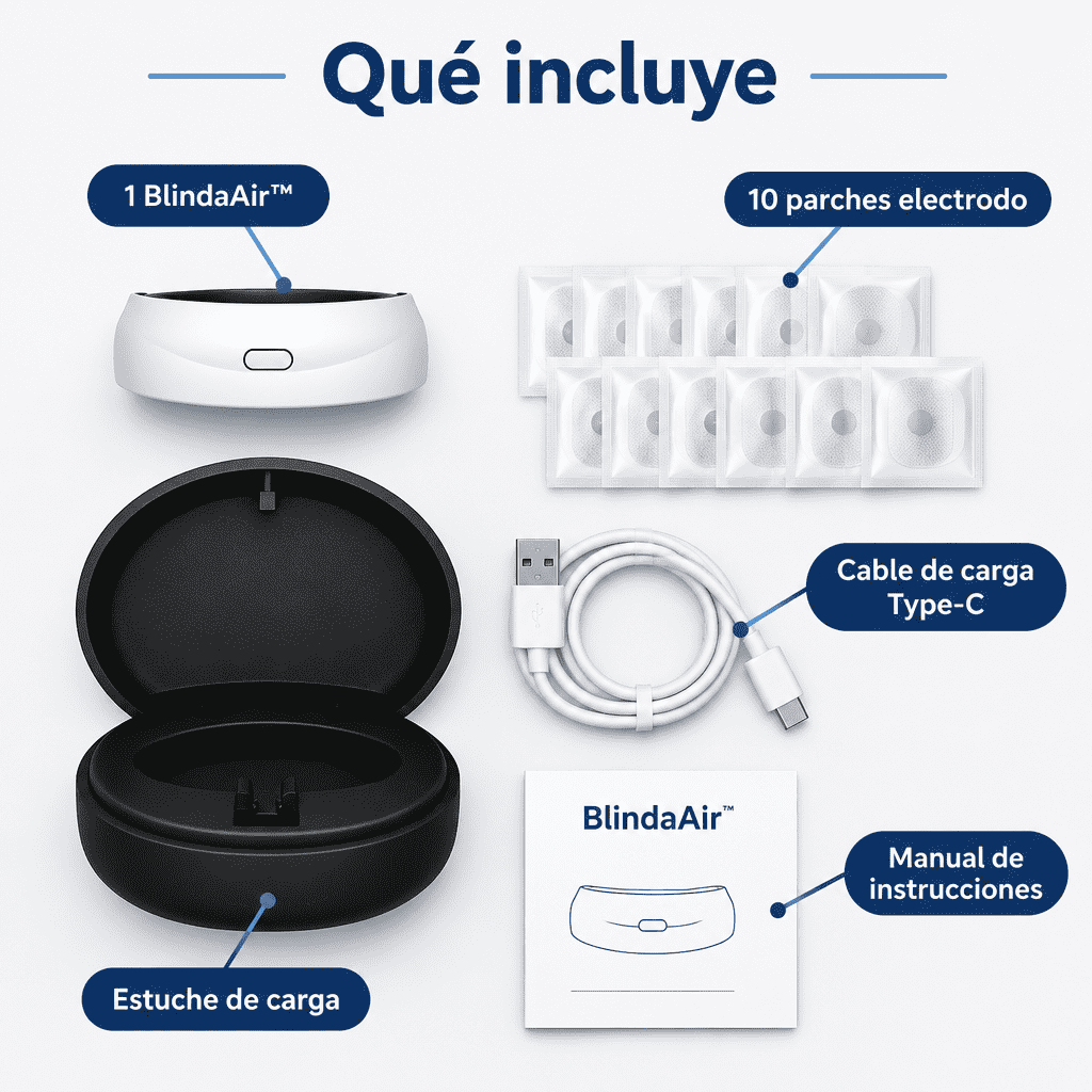 Qué incluye BlindaAir™: dispositivo, 10 parches electrodo, cable Type-C, estuche y manual