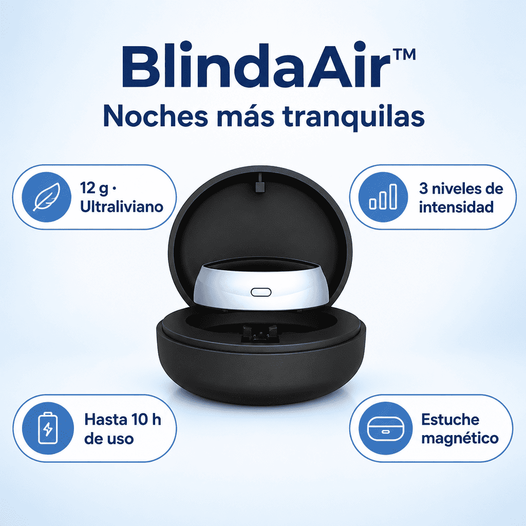 BlindaAir™ beneficios: ultraliviano 12 g, 3 niveles de intensidad, hasta 10 horas de uso y estuche magnético