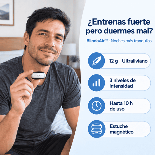 ¿Entrenas fuerte pero duermes mal? BlindaAir™: ultraliviano 12 g, 3 intensidades, hasta 10 h de uso, estuche magnético