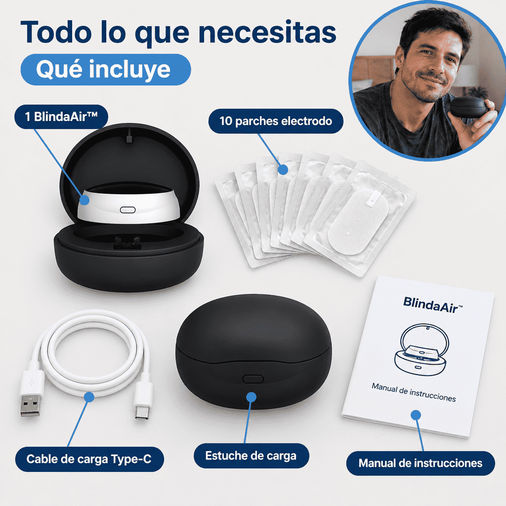 Qué incluye BlindaAir™: dispositivo, 10 parches electrodo, cable Type-C, estuche y manual