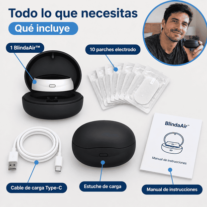Qué incluye BlindaAir™: dispositivo, 10 parches electrodo, cable Type-C, estuche y manual