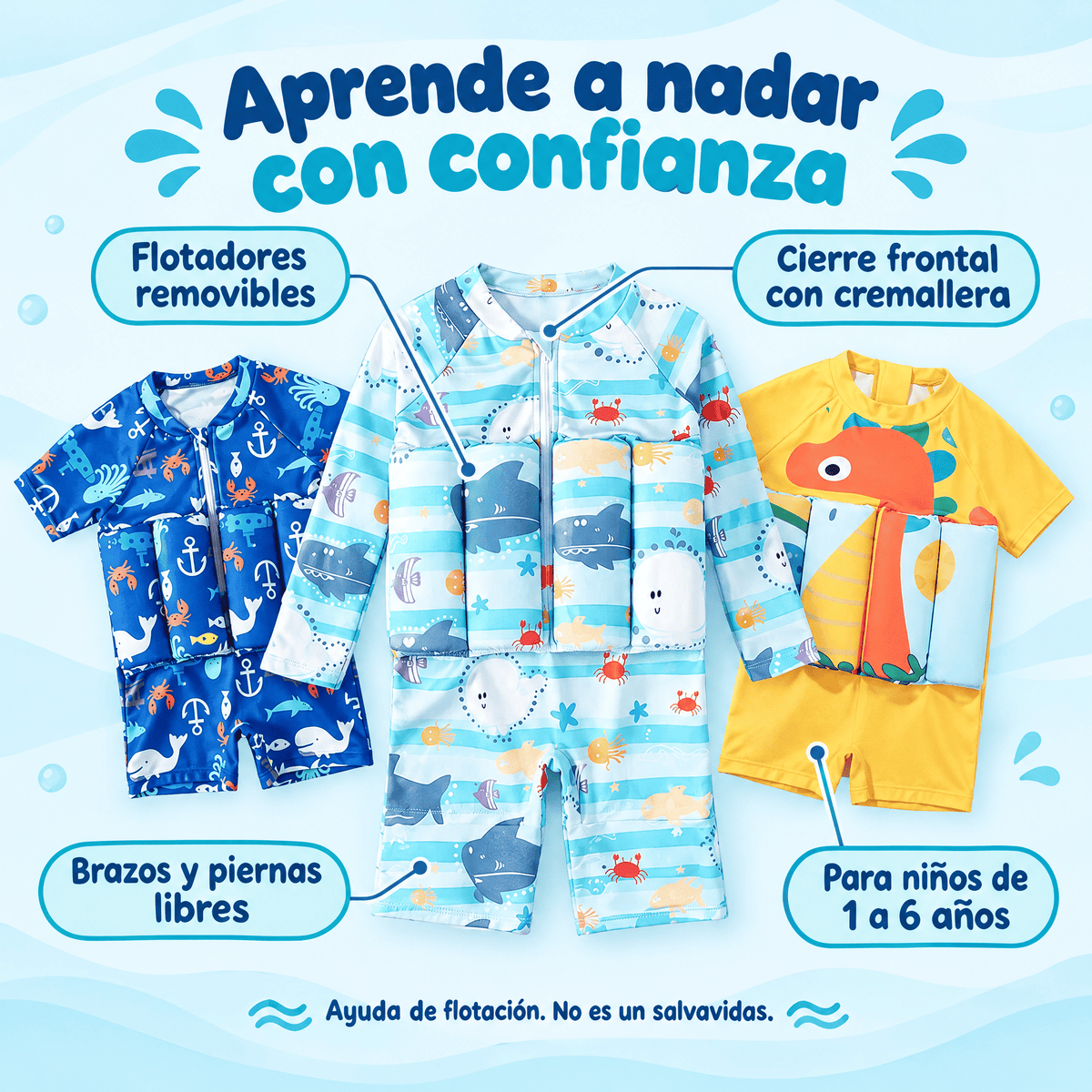 Traje de baño con flotadores removibles para niños: cierre con cremallera y brazos libres