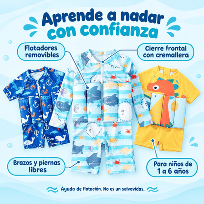 Traje de baño con flotadores removibles para niños: cierre con cremallera y brazos libres