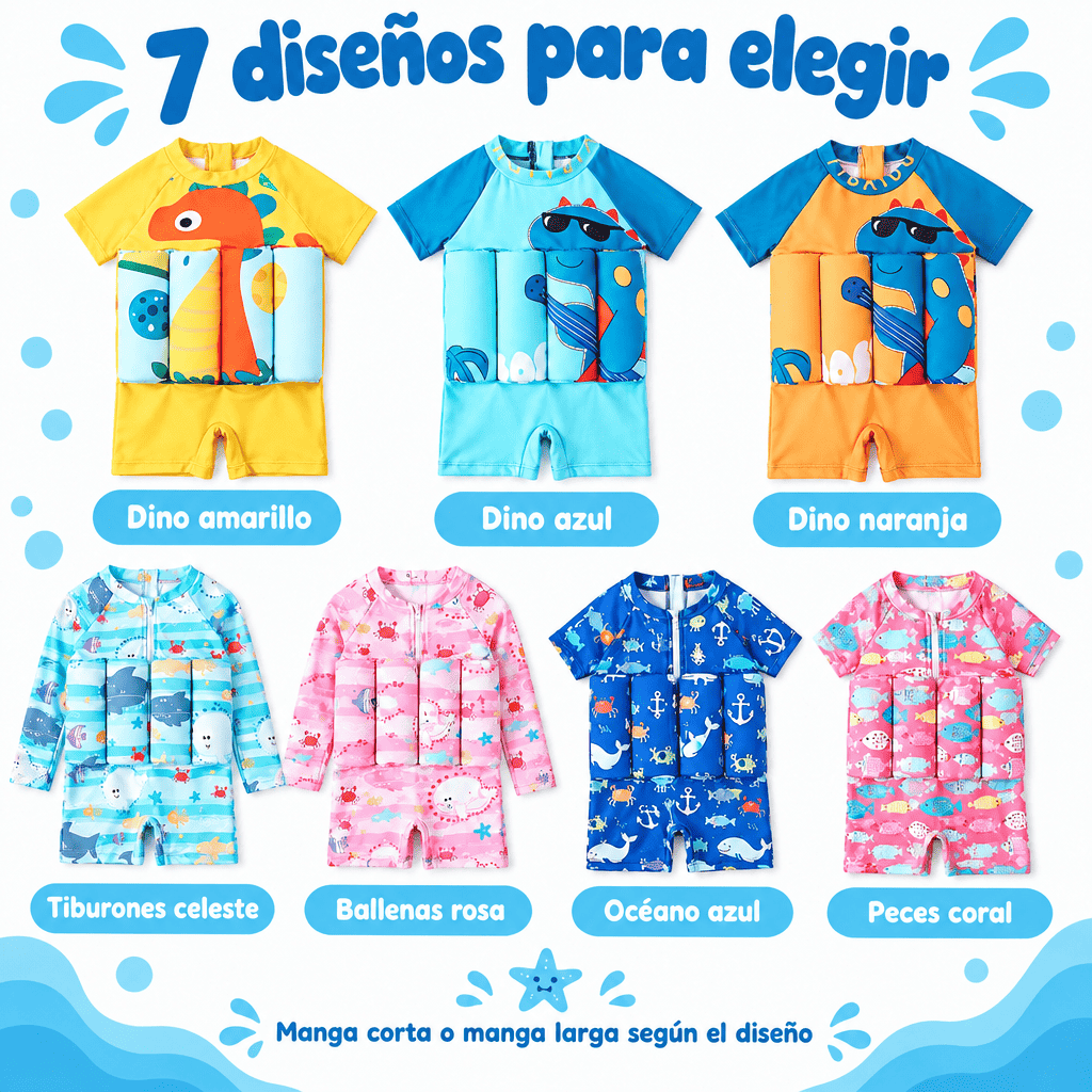 7 diseños de traje de baño con flotadores para niños: dinos, tiburones, ballenas, océano y peces