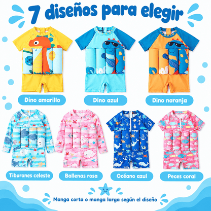 7 diseños de traje de baño con flotadores para niños: dinos, tiburones, ballenas, océano y peces