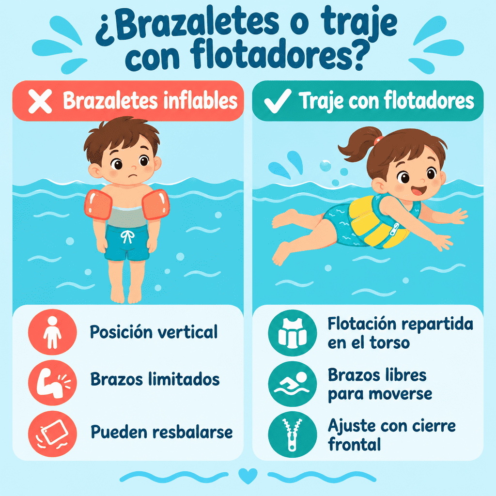 Comparación entre brazaletes inflables y traje de baño con flotadores para niños